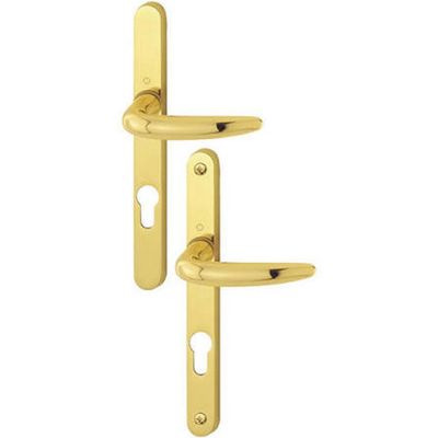 a pair of brass door handles on a white background