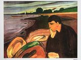 un tableau représentant une femme assise sur une plage