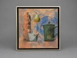painting of still life with pears and a cup on a table