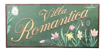 a sign that says villa romantica with flowers on it