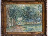 a painting of a dirt road in a wooded area with trees