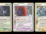 three different pokemon cards are shown in a row on a black background