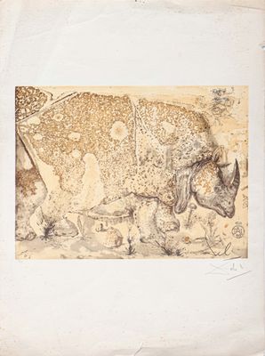 dessin représentant un rhinocéros et son petit marchant dans un champ