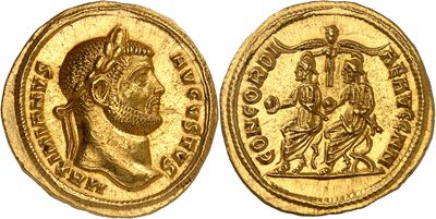 a gold coin with an image of a man and a woman on it