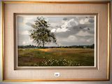 painting of a lone tree in a field with a cloudy sky in the background