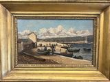 a picture of a painting of boats on the water