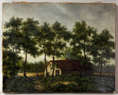 a painting of a house in the middle of a field