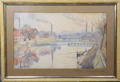tableau représentant une vue sur une rivière avec un bateau au premier plan
