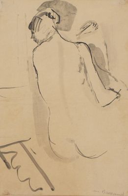 an old drawing of a woman sitting on the floor with her head in her hands