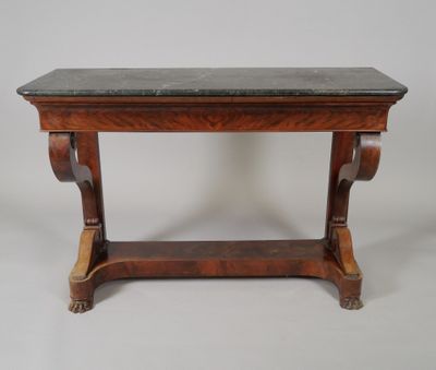 an old wooden table with a marble top on a white background