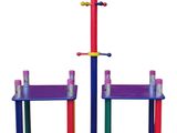 pair of multicolored children ' s toy stands on wheels
