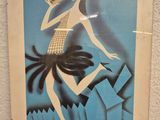 tableau représentant une femme en robe et chapeau sur fond bleu