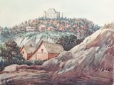 a painting of a house on a hill with a mountain in the background
