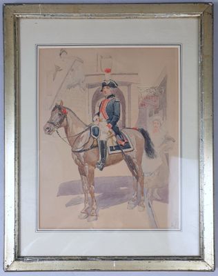 painting of a man in uniform riding a horse in front of a building