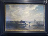 a picture of a painting of cows in the water