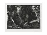 a black and white drawing of two people sitting on a bench