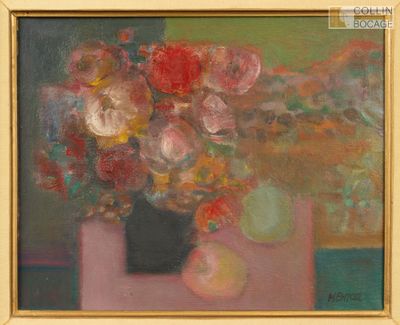 une peinture de fleurs dans un vase sur une table