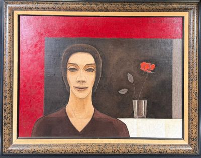 tableau représentant une femme avec une rose dans un vase posé sur une table