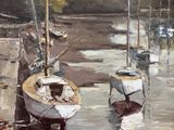 une peinture de bateaux amarrés à un quai sur l'eau
