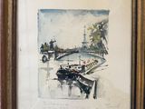an image of a painting of boats on the water near a bridge