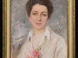 an oil painting of a woman with a rose in her hair