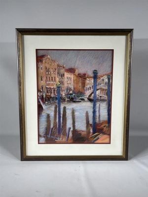 tableau représentant une scène d'un canal de Venise avec des gondoles et un pont