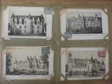 four old black and white pictures of a castle with a clock