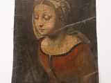 an old painting of a woman holding a stick in her hand