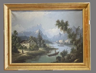 une image représentant un tableau représentant un paysage de montagne avec un bateau