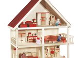maison de poupées avec mobilier et accessoires sur fond blanc