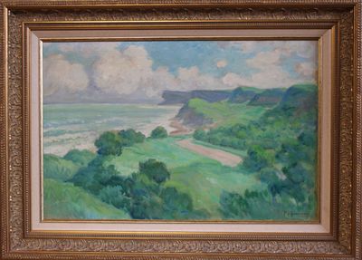 une peinture à l'huile représentant une vue sur l'océan depuis une colline
