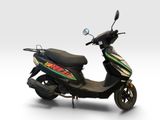 a scooter that is parked on a white surface