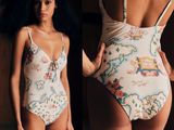 two pictures of a woman in a one piece swimsuit