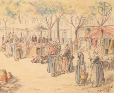 a drawing of a street market with people walking around