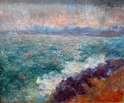 an oil painting of a view of the ocean from a cliff