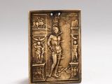 une plaque antique en bronze représentant une femme dans une cuisine