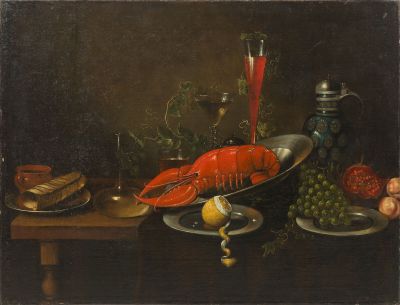 a painting of a lobster and other food on a table