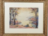 an image of a painting of a lake and trees in a gold frame