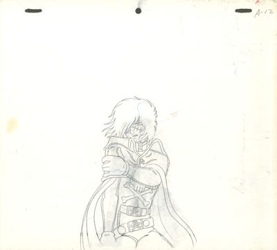 pencil drawing of a man in a cape and caper holding a sword