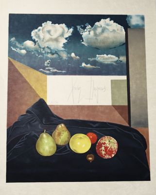 une image représentant une peinture de fruits sur une nappe, avec des nuages en arrière-plan