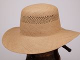 Le chapeau est en paille et présente un petit trou dans le bord.