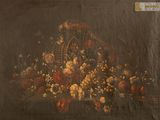 peinture d'une nature morte de fruits et de fleurs sur une table