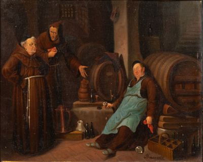 tableau représentant un homme assis par terre à côté d'une femme en robe bleue et d'un homme en robe marron