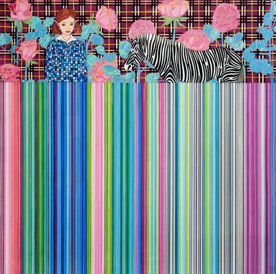 a painting of a woman and a zebra on a wall