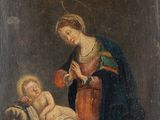 an old painting of a woman holding a baby in her lap