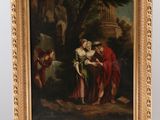 painting on easel of a painting of a woman and a man in a landscape