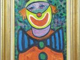 une peinture à l'huile représentant un clown portant un chapeau de clown et un haut-de-forme