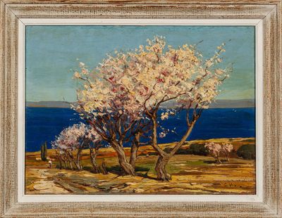 une peinture à l'huile représentant un arbre dans un champ près de l'océan