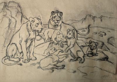 dessin représentant un groupe de lions dans un paysage rocheux