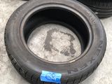 Les pneus sont alignés par terre et portent un autocollant bleu.